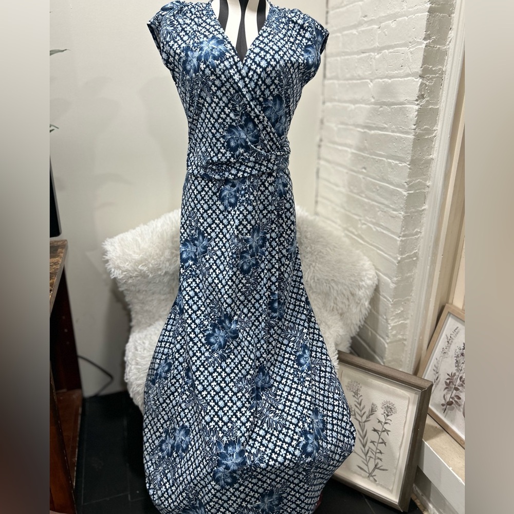 Lands's End Women's Blue Floral Short Sleeve Maxi Dress S 6-8